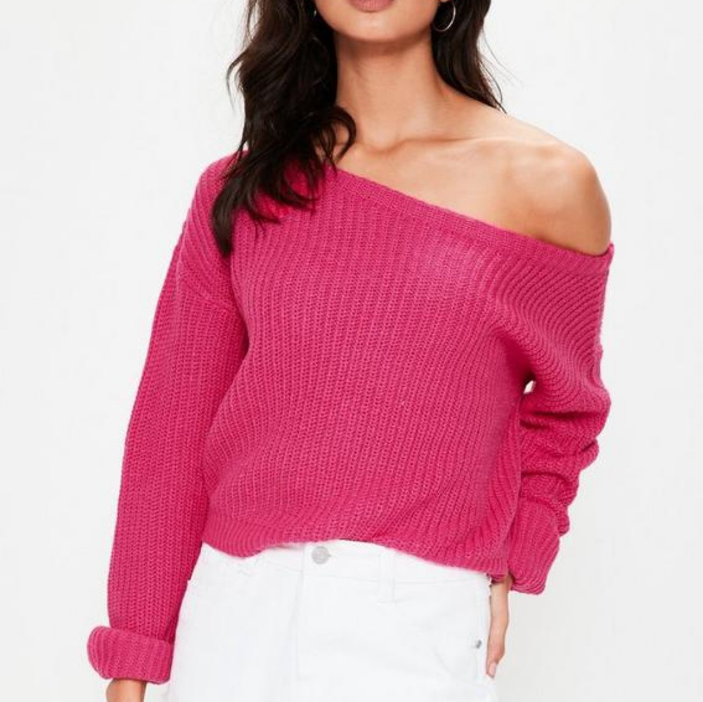Pink off shoulder cropped knitted jumper